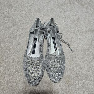 Anne Klein Silver Metallic Crochet Ankle Tie Ballet Flats Size 8B